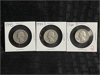 LOT OF 3 SILVER QUARTERS - 1945,1944S & 1960D