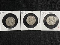 LOT OF 3 SILVER QUARTERS - 1941,1942 & 1936