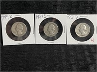 LOT OF 3 SILVER QUARTERS - 1951D,1944D & 1953D