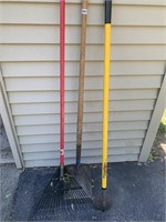 Flat shovel, hoe, yard rake.