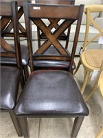 2 DARK WOOD DINING CHAIRS WITH BROWN LEATHER