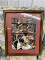 FRAMED NEEDLE POINT OF CATS IN THE LIBRARY