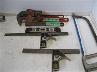 2 Ridgid 12'' and 14'' Pipe Wrenches,Level, Saw