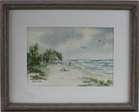 Helen Webb, Beachgoers by House, Watercolor