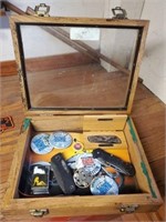 SHADOW BOX WITH COLLECTIBLES, KNIVES, LIGHTER,