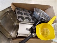 Box Lot Of Nonstick Baking Pans,Strainers
