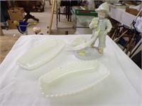 Boy With Goose Figurine,White Milk Glass Dishes