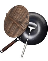 Forged Iron Wok With Wooden Lid, Spatula, (12.5