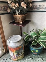 Plant stand, faux plants, tin milk can