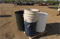 (3) Barrels, Garbage Can & (3) Plastic Bins