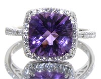 Cushion Cut 4.10 ct Natural Amethyst-Zircon Ring