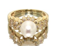 14kt Gold Natural 7.7 mm Pearl & Diamond Ring