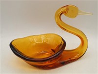 Hand Blown Amber Art Glass Swan Dish