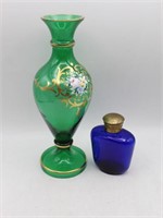 Bohemian Emerald Glass Vase & Cobalt Blue Jar
