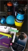 Water bottles, weighted ball, pedometer, fit belt