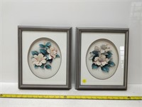 pair vintage framed 3D ceramic flowers art