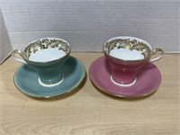 2 Aynsley Teacups & Saucers (pink & Green)