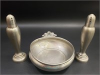 Pewter Bowl with Salt & Pepper Shakers