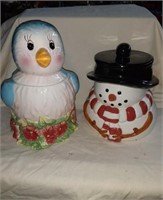 Cookie Jars x2 Snowman & Blue Bird marked China