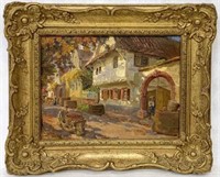 August Croissant Painting, Village Street Scene.