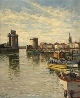 Painting of Boats in Harbor by Marc Chailloux.