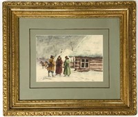 H. Setkowicz Watercolor - Snowy Scene w/3 Figures.