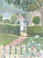 Lg. William Benecke Painting of Yard & Gazebo.