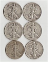 Six Silver Walking Liberty Half Dollars