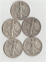 Five Silver Walking Liberty Half Dollars