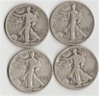 Four Silver Walking Liberty Half Dollars