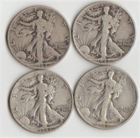 Four 1942 Silver Walking Liberty Half Dollars