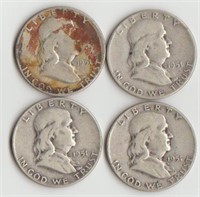 Four 1951 Silver Franklin Half Dollars
