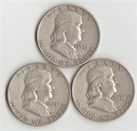Three 1951-D Silver Franklin Half Dollars