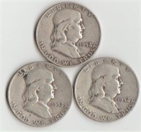 Three 1952-D Silver Franklin Half Dollars