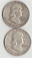 Two 1954-D Silver Franklin Half Dollars