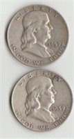 Two 1959 Silver Franklin Half Dollars