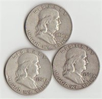 Three 1961-D Silver Franklin Half Dollars