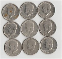 Nine Early 1970's Kennedy Half Dollar Coins