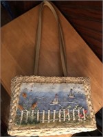 Vintage Straw Bag with Embroidered Sailboat Scene