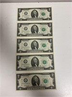 (5) Uncirculated $2 Bills Sequential Numbers