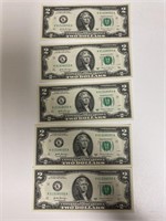 (5) Uncirculated $2 Bills Sequential Numbers 2017