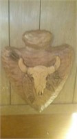 Signed trotman hand-carved steer skull carving.