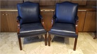 Blue Leather Walnut  Armchairs