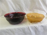 2PC RUBY RED SANDWICH GLASS BOWL AND