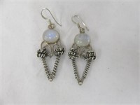 PAIR STERLING SILVER MOONSTONE EARRINGS 1.5"