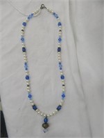 STERLING SILVER PEARL AND BLUE CRYSTAL NECKLACE