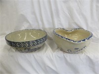 2PC BLUE AND WHITE POTTERY POPCORN BOWLS