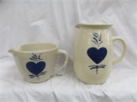 2PC BLUE AND WHITE POTTERY HEART PITCHER AND