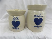 BLUE AND WHITE POTTERY HEART CANISTERS 7"T