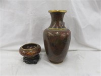 2PC CLOISONNE VASE AND BOWL WITH WOOD STAND